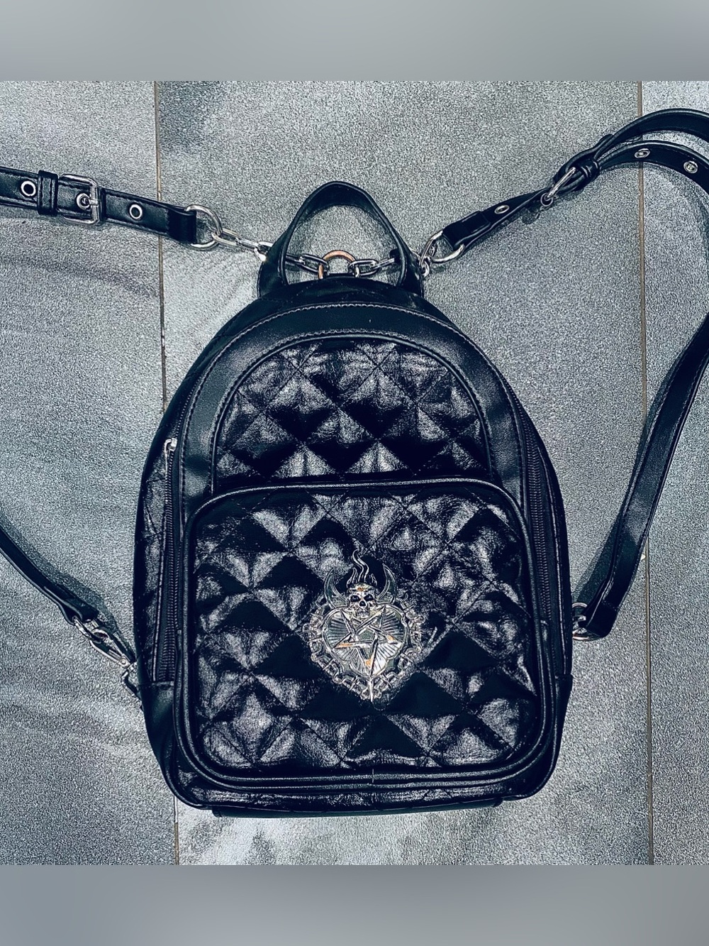 Killstar Unsacred Heart Black Mini Quilted Backpack Chains Metal Plaque